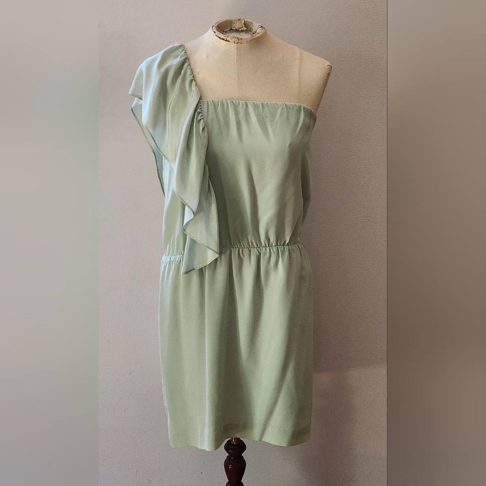 Mason One-Shoulder Ruffled Mini-Dress in Sea-Foam Green Silk -- Sz 4